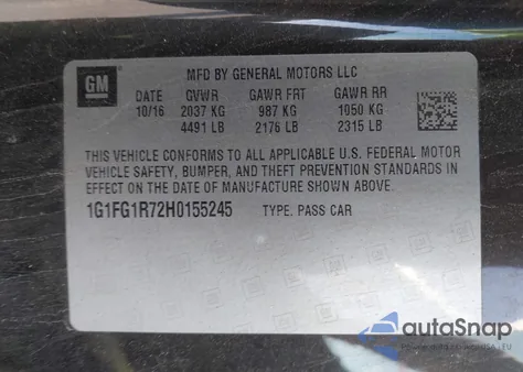 2017 Chevrolet Camaro 2Ss из США, поврежденный, VIN 1G1FG1R72H0155245